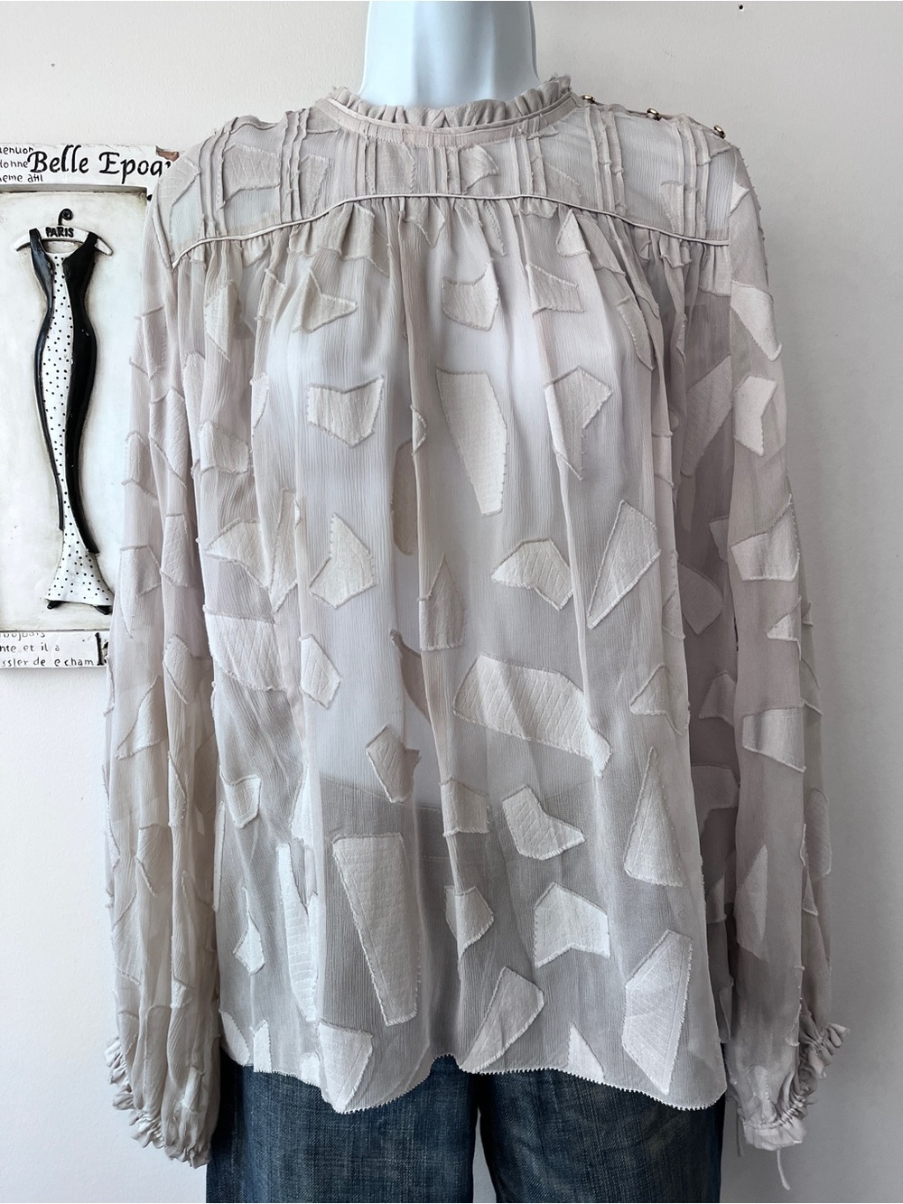 Wilfred Le Fou Henrietta Beige Sheer Boho Chic Silk Blend Women’s Blouse Size L